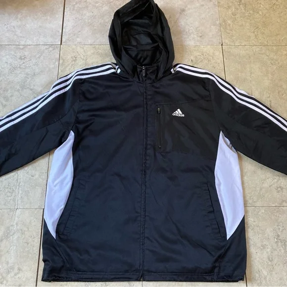 Adidas Full Zip Black/White Stripes Windbreaker Hood - Picture 2 of 9